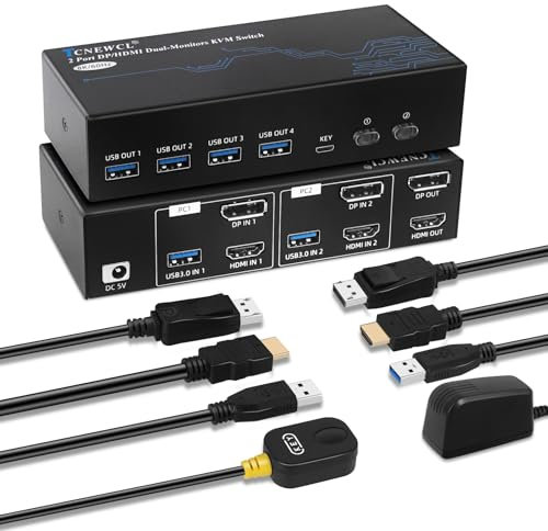 TCNEWCL HDMI Displayport KVM Switch 2 Computer 2 Monitor 8K@60Hz 4K@120Hz USB 3.0 Dual Monitor, with 2 HDMI + DP + USB Cables