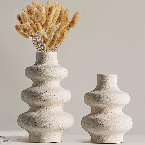 2 Stück Runde Keramik Vasen Beige Vase für moderne Heimdekoration Boho Vase für Bauernhaus Hochzeit Esszimmer Büro Mittelstück