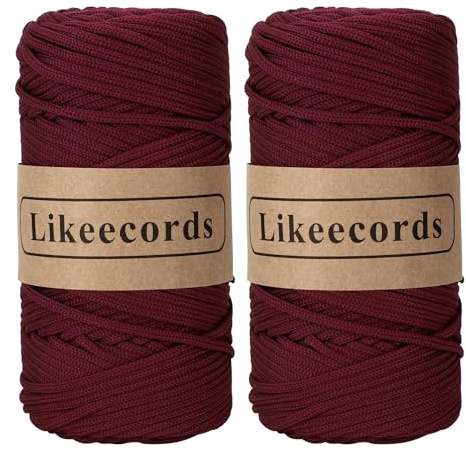 Likeecords Rosso Scuro - 2 rollos de hilo de macramé de 4 mm x 130 m, de poliéster premium, para manualidades, hilo de ganchillo para bolsos, decoración del hogar, bolso bandolera (Rosso Scuro)