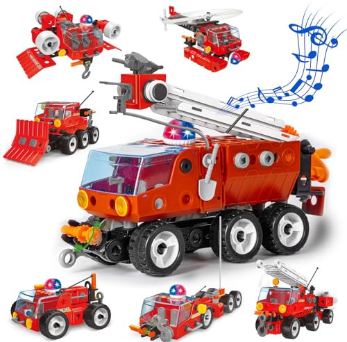 JONRRYIN Konstruktionsspielzeug für Kinder, 8-in-1 Feuerwehrauto-Spielzeug, Kreatives Baukasten Lernspielzeug mit Lichtern und Musik, Ingenieurspielzeug kreatives für Kinder ab 5 Jahren (159Pcs)