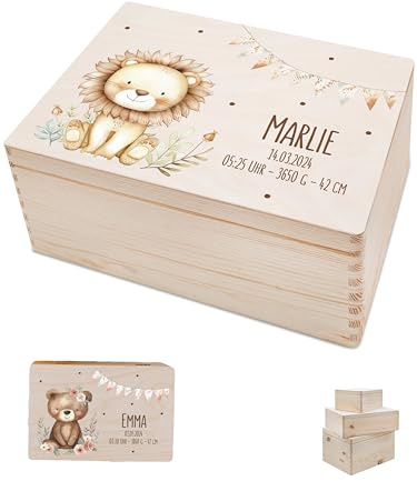 Bärenfreunde - Personalisierte Erinnerungsbox Baby mit Spezial-Druck - Individuelle Baby Erinnerungsbox - Erinnerungskiste aus Holz - Geschenk zur Geburt (S | Klappdeckel,Löwe Zweige Girlande)