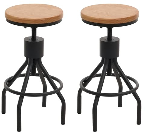 Mendler 2er-Set Barhocker HWC-N17 Metall - Natur | Barstuhl, höhenverstellbar drehbar Fußablage, Industrial, Massiv-Holz
