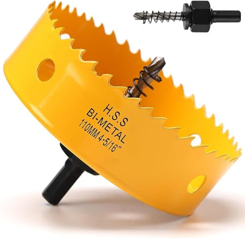 110mm Hole Saw, HSS Bi-Metal Hole Cutter with Drill Bit, Heavy Duty Hole Saw for Wood, Plastic, Drywall, Fiberglass, Yellow