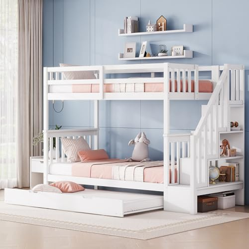 Etagenbett 90x200cm mit Ausziehbett und Treppe(mit seitlichem Stauraum), Kinderbett Hochbett für 3 Kinder, Jugendbett Funktionsbett Stockbett mit lattenrost, Rrausfallschutz Bett Holz, Kiefer, Weiß