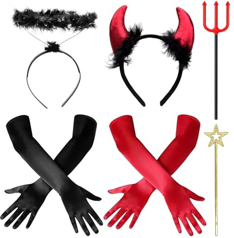 Zkaoai Teufel Engel Kostüm Damen mit Teufelshörner, Engel Teufel Kostüm Halloween Karnevals, Rot Teufelshörner Haarreif Teufelhörner Handschuhe teufelkostüm Mädchen Halloween Fasching Cosplay