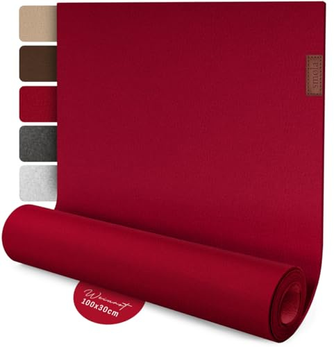 smøla Design Tischläufer modern Rot aus Filz I 100x30 cm Tischband I Skandinavischer Filzläufer Abwaschbar mit Leder Label I Tischdeko Tischläufer Weinrot