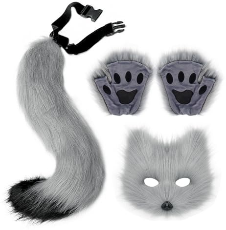 MISNODE Ensemble Masque et Queue de Chat Therian, Masque Animal en Fourrure, Masque de Loup, Masque de Chat Blanc, Demi-Masque pour Mascarade, Masque de Chat Therian Wolf Therian