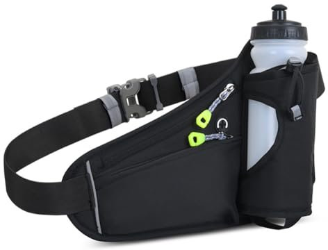Rockreyoa Gürteltasche mit Flaschenhalter Bauchtasche Damen und Herren, Sport Hüfttasche Wasserdicht Bumbag Trinkgürtel für Jogging Laufen Wandern Camping Radfahren alle Handys Schwarz
