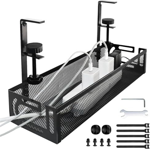 SuQurtom Under Desk Cable Management Tray No Drill, Metal Mesh Cable Tray for Wire Management with Clamp Mount, No Damage to Desk, for Office Home, Black