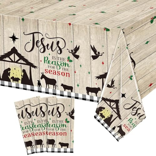WovWeave 3 Pcs Christmas Tablecloth Merry Christmas Nativity Table Cloth Religious Jesus Table Cover Plastic Rectangle Red Black Buffalo Plaid for Xmas Winter Holiday Party Decor,54x 108 (Black)
