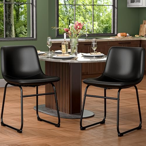 YaFiti 18 Inch Dining Chairs Set of 2, Modern Upholstered Dining Room Dining Chairs with PU Leather Cushions and Metal Legs, Mid Century Modern Armless Chair and Upholstered Seat, Black