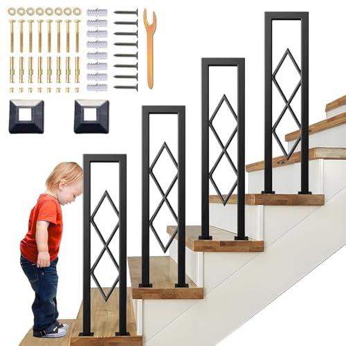 SCGSJZH Barandilla Escalera Forma de U, Hierro Forjado Pasamanos con Patrón de Diamante, Mate Negro Seguridad Baranda para Interior Loft, Pasos Entrada, Exterior (110cm)