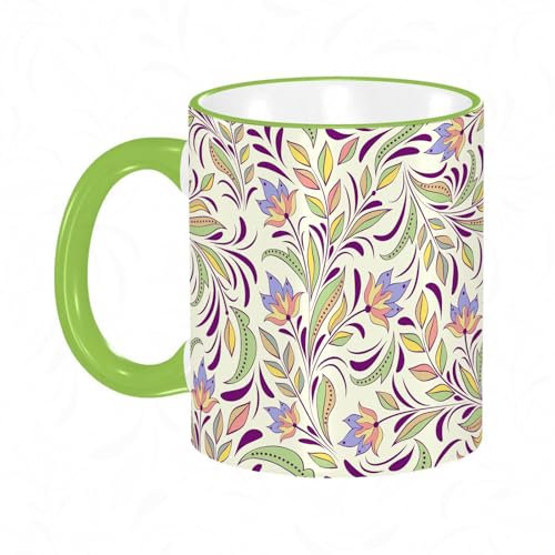 KDWJS Tasse Keramik Kaffeetassen Große 11oz Tassen 330ml Trinkgläser Mit Griff Personalisierte Geschenk Weiß,Blumenstrauß aus Flieder und Veilchen, blühende Frühlingsblumen, hellgrün, Lavendel, Creme