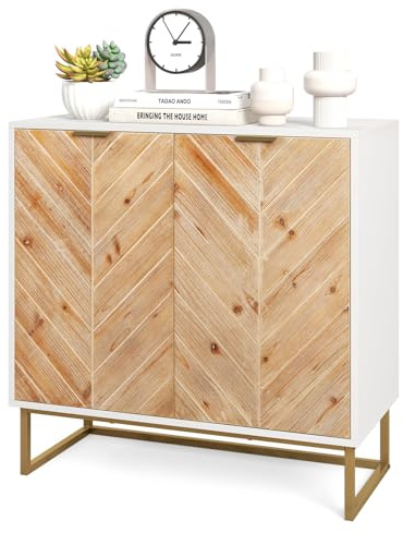 TANGZON Buffet Sideboard, 2-Door Wooden Kitchen Cupboard with Anti-Tipping Kits & Metal Legs, Floor Standing Storage Cabinet Console Table for Entryway Living Dining Room (White)