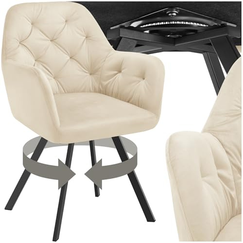 tectake® Silla Giratoria de Terciopelo, Diseño Acolchado, Sillas de Comedor con Patas de Acero, Amplio Asiento, Respaldo Continuo, Giro 180°, Sillas Cocina, Sillas Comedor - 1 Silla Crema