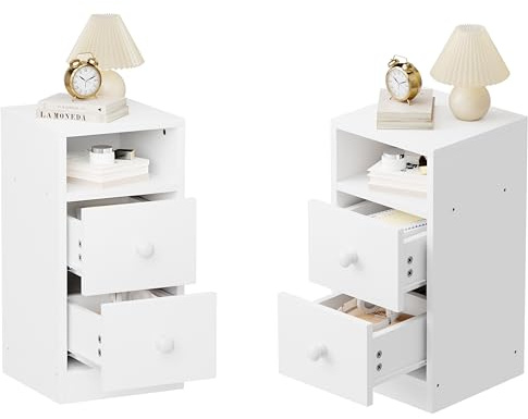 Bonnlo Nachttisch Weiß 2er Set, Kommode mit 2 Schubladen, Konsolentisch Schmal mit offenem Fach, Nachtschrank Boxspringbett aus MDF mit Stauraum für Schlafzimmer, Modern, 25x30x60cm