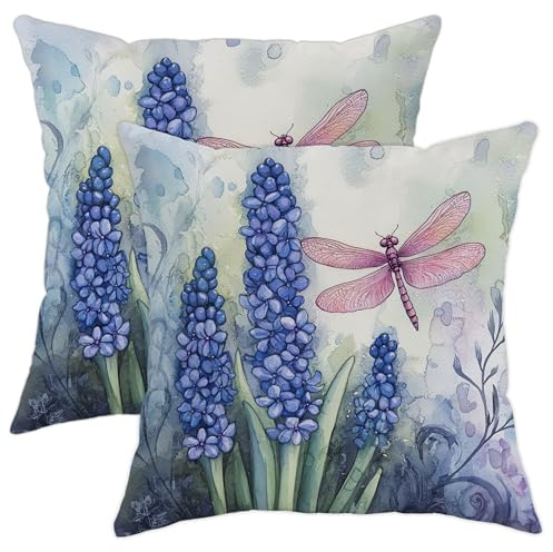 Lot de 2 housses de coussin décoratives carrées en jacinthe de raisin bleue, motif libellule pour décoration de jardin, maison, canapé, lit, canapé, 45,7 x 45,7 cm, motif libellule