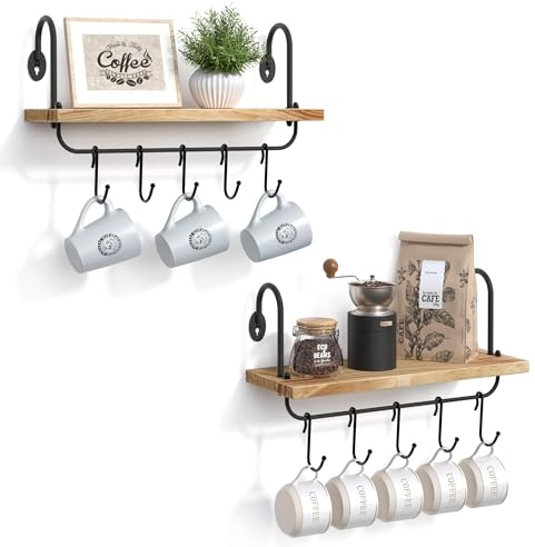 VINCOURNA Set di 2 ripiani porta tazze, mensola da cucina con 10 supporti regolabili per tazze, mensole da parete per tazze da caffè, organizer per utensili da cucina, asciugamani e tazze, nero