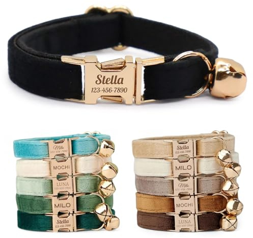 CHRYMPETIC Nicht Abnehmbares Samt Katzenhalsband Personalisiert mit Namen - Personalisierbares Halsband mit Glöckchen und Fliege Verfügbar (Schwarz) | Gravierter Name und Telefonnummer, weiches Samt-Finish, Glocke und Fliege erhältlich