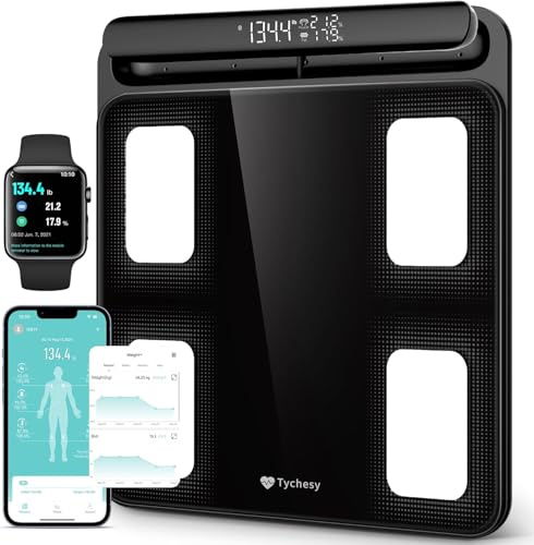 Fitdays - Bilancia intelligente per analisi del corpo, 8 elettrodi di precisione digitale BMI con 20 metriche, indicatore di colore Bluetooth per muscoli/grassi/acqua, sincronizzazione familiare per 6