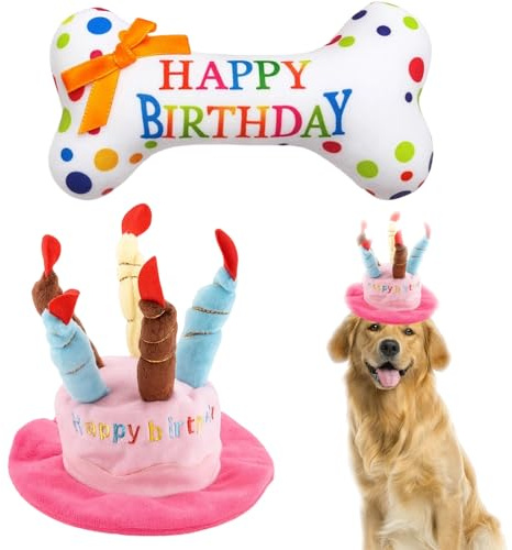 PangWuu 2 Hundegeburtstag Spielzeug Set, Hundespielzeug Kleine Hunde, Hundekuchen Geburtstag, Welpenspielzeug, Spielzeug Hund, Hunde Geburtstag Deko, 1 Knochen und 2 Kuchen Spielzeu