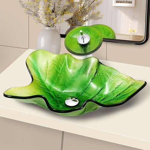 AIBOTY Lavandino da Bagno in Vetro temperato a Forma di Foglie, lavabo da appoggio e Rubinetto a Cascata – Lavandino Artistico da appoggio con Set di Scarico a Scomparsa,Verde