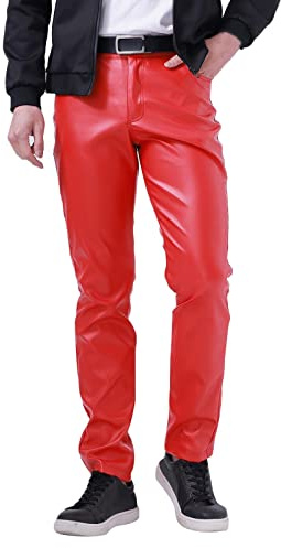 Pantalones de chándal para hombre, pantalones de piel de corte estrecho, leggings de color elástico, tendencia para moto, pantalones de cuero, pantalones de entrenamiento para hombre, rojo, 36/XXL