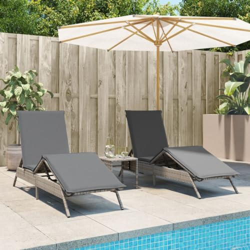 Qnhdfrt Sonnenliege Set 2 Stück mit Beistelltisch Grau PE-Rattan Gartenliege Strandliege verstellbare Rückenlehne Outdoor Lounge Möbel