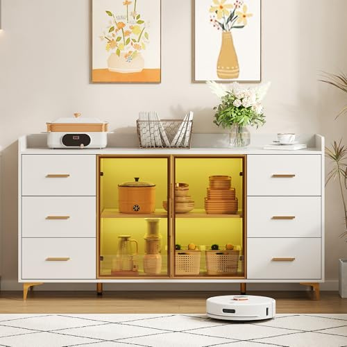 Generisch 160 × 44 × 87 cm, color blanco, moderno armario de cocina, 6 cajones, puertas de cristal, iluminación ambiental y asas de metal doradas, adecuado para cocina, salón, chlaf
