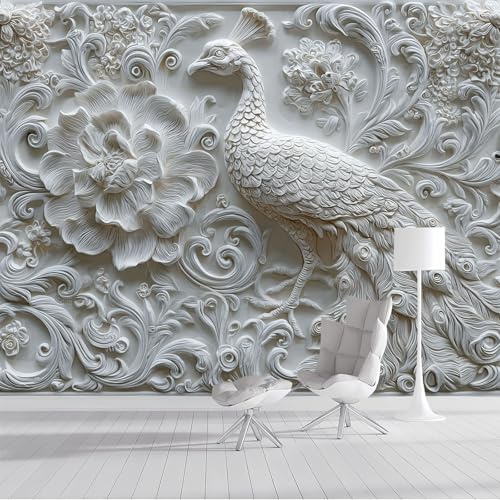 DLERFLOVR Papier Peint Paon Et Fleurs 3D,200x140cm Papier Peint Panoramique Relief En Plâtre Murale Poster Tableaux Photo Muraux pour Salon Chambre à Coucher Maison Décoration, Blanc