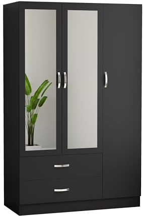 Nera Black 3 Door Wardrobe with Drawer and Mirror 180cm for Bedrooms | Adjustable Shelves and Full Length Mirror