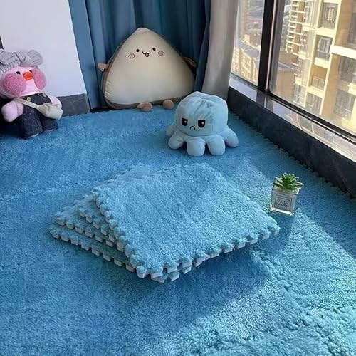 20pcs Plush Puzzle Foam Floor Mats, 11.8x11.8in Soft Interlocking Carpet Tiles，Anti-Slip Puzzle Area Rug Playmat for Room，Blue