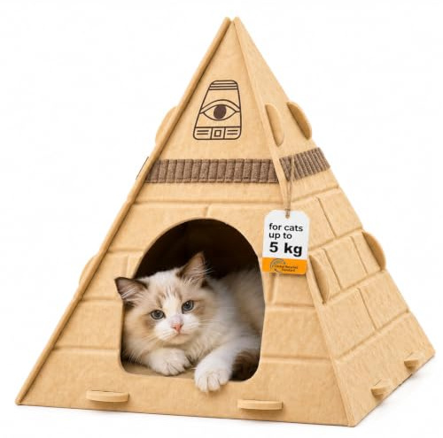 Mellownido Katzenhöhle Filz, Pyramiden-Katzenhaus Indoor, Katzenbett | Stabil & Kratzfeste, Katzenschlafplatz Versteck, inkl. Pharaonen-Kopfschmuck, 43x43x50cm