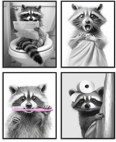 Dazzlewall 4er Set Komische Waschbär Badezimmer Wandkunst, Retro Schwarz-Weiß Süßer Waschbär Wandbilder für Toilette Badezimmer Ohne Rahmen 20x25 cm