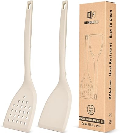 Pack of 2 Silicone Spatula Turner, Non Stick Kitchen Spatulas Set with Back Hooks, Heat Resistant BPA Free Kitchen Utensils, Suitable for Flipping Fish, Eggs, Steak, Pancakes(Khaki)