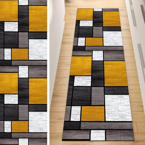 Alfombra antideslizante para pasillo, color amarillo y gris, 1 pie 3 x 16.4 pies, lavable, alfombra de retazos para cocina, sala de estar, pasillo, tapete de goma para puerta, 40-120 cm de ancho