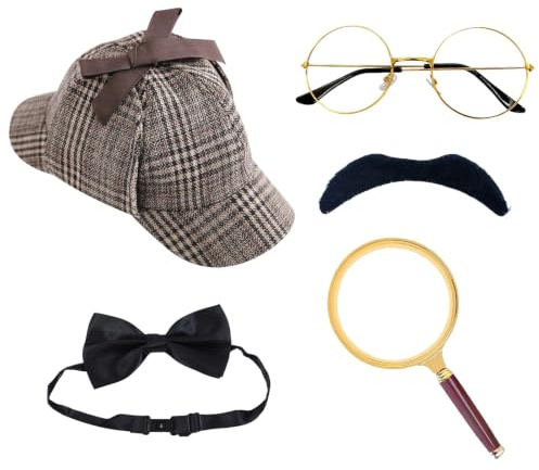 ZXTGBQ Conjuntos de Accesorios de Ropa de Detective, Accesorios de Disfraz de Detective, Sombrero de Detective Gafas de Bigote Falso Lupa Pajarita Detective, Disfraz para Carnaval Mascarada Halloween