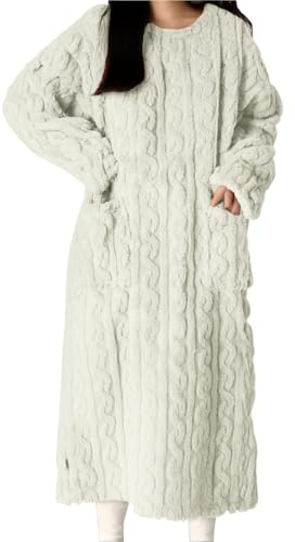 Långärmad husklänning för kvinnor med fickor – långärmad fleece vinter nattlinne – nattklänningar plusstorlek vinterrock pyjamas med fickor plysch myskläder vinter morgonklänning, Vitt, L