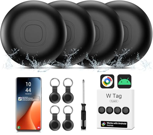 Air Tracker Android, IP67 étanche Smart Traceur Tag Lot de 4 localisateurs de clés Bluetooth compatibles avec l'application Google Find Hub (Android Uniquement) pour Bagages, Portefeuille, Clé (Noir)