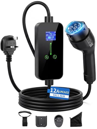 Guriches EV Charger 3 Pin Plug 2.8kW, Type 2 Charging Cable 6M, Electric Car Charger for EVs & PHEVs, [6A/8A/10A/12A], IP65