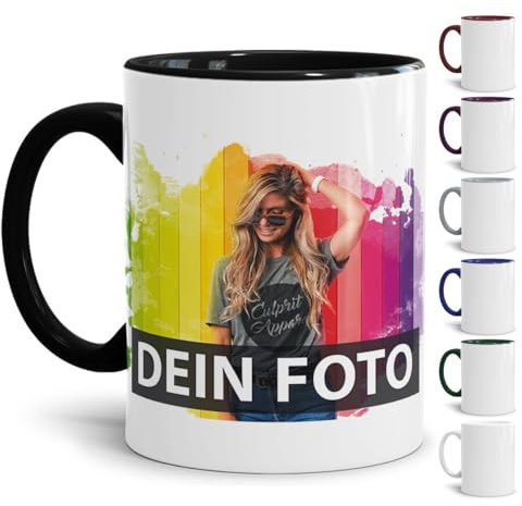 Tasse selbst individuell gestalten/Personalisierbar mit eigenem Foto Bedrucken/Fototasse/Motivtasse/Werbetasse/Firmentasse mit Logo/Innen & Henkel Schwarz