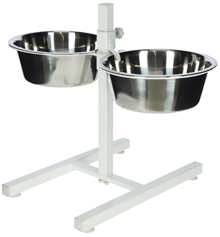 Kerbl Pet höhenverstellbare Futterbar | Weiß, 54 × 27 × 43 cm, Stahlgestell mit zwei 1.800-ml-Edelstahlnäpfen, stufenlos höhenverstellbar