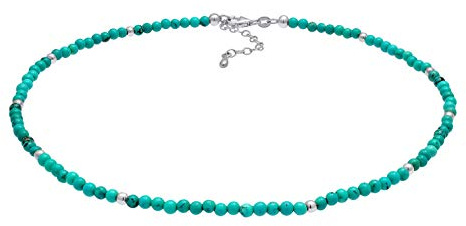 Damen Halskette Choker aus Türkis Perlen (3 mm) und Silber Kugeln, Edelsteinkette Boho Fashion aus 925 Sterling Silber, Kurze Mala Buddha Kette aus Achat Kugeln Frauen und Mädchen, Länge 36cm