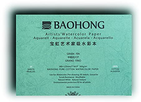 BAOHONG Bloc de papier aquarelle pour artistes (20 feuilles, collées sur quatre bords), 100% coton, sans acide, 63,5 kg/300 g/m², fournitures d'art aquarelle pour peinture humide, sèche et mixte