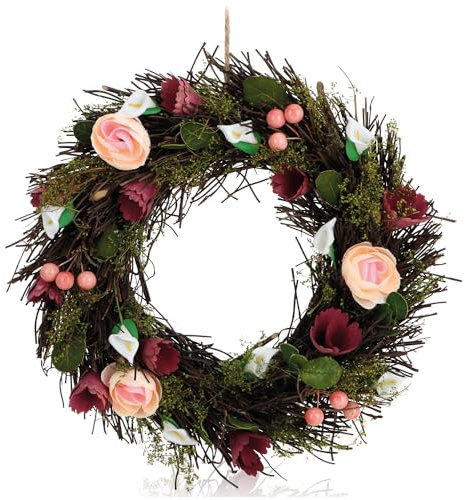 COM-FOUR® Corona de Puerta de Primavera con Flores de Madera - Corona de Mesa Decorativa - Corona de decoración con Colgador - Diámetro Aprox. 30 cm