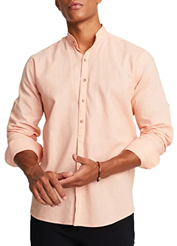 Leif Nelson Camicia da uomo in lino a maniche corte estiva con colletto alto in lino in cotone per il tempo libero slim fit a maniche corte per il tempo libero LN3860 Rosa salmone chiaro M
