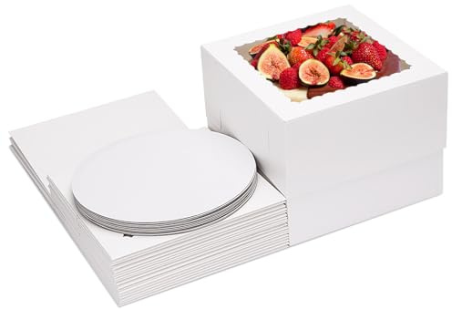 Moretoes 10 Sets Cake Boxes with Boards, 10x10x8 Inches Tall Bakery Boxes with Cake Boards with Window, Cajas Pasteles for Valentine's Day, Mother's Day, Pastries, Chocolates, Cookies, Pie