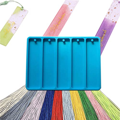 BooteeQue Bookmark Mold with Tassels, Rectangle Silicone Bookmark Molds with 60 Pieces Colorful Tassels for Epoxy Resin Casting, Keychain, Art Crafts ( 5-in-1)