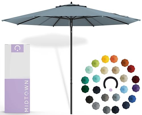 Midtown Umbrellas Push Pop Sunbrella Umbrella 9 Feet Outdoor Umbrella in Canvas Haze Fabric - Patio Umbrella, Backyard Umbrella, Garden Umbrella, Picnic Table Umbrella & Pool Umbrella - Black Pole