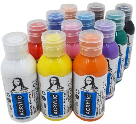 Acrylfarben-Set. 12 Farben je 100ml. Malfarben für Kinder. Deckende Farben für Leinwand, Pouring, Papier, Holz, Malkarton, Stein, Metall, usw. Allzweckfarben-Set 12 x 100 ml